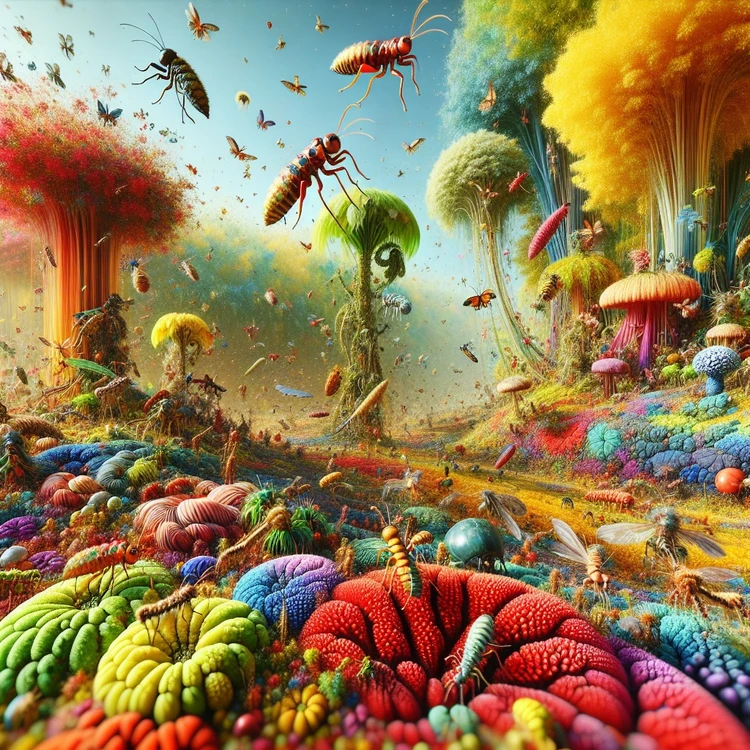 Auf dem Bild ist ein farbenfrohe, fantasievolle Landschaft mit vielen Insekten und Krabbeltieren.