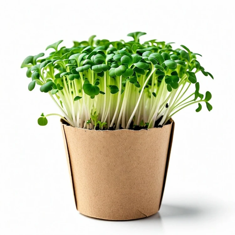 Auf dem Bild ist ein Papiertopf, aus dem dicht gewachsene Keimlinge sprie&szlig;en.